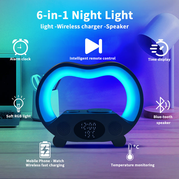 Bluetooth Speaker, Wireless Charger, Night Light & Remote Control"